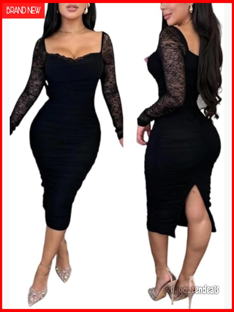 Elegant Bodycon Midi Dress With Lace Sleeves And Back Slit